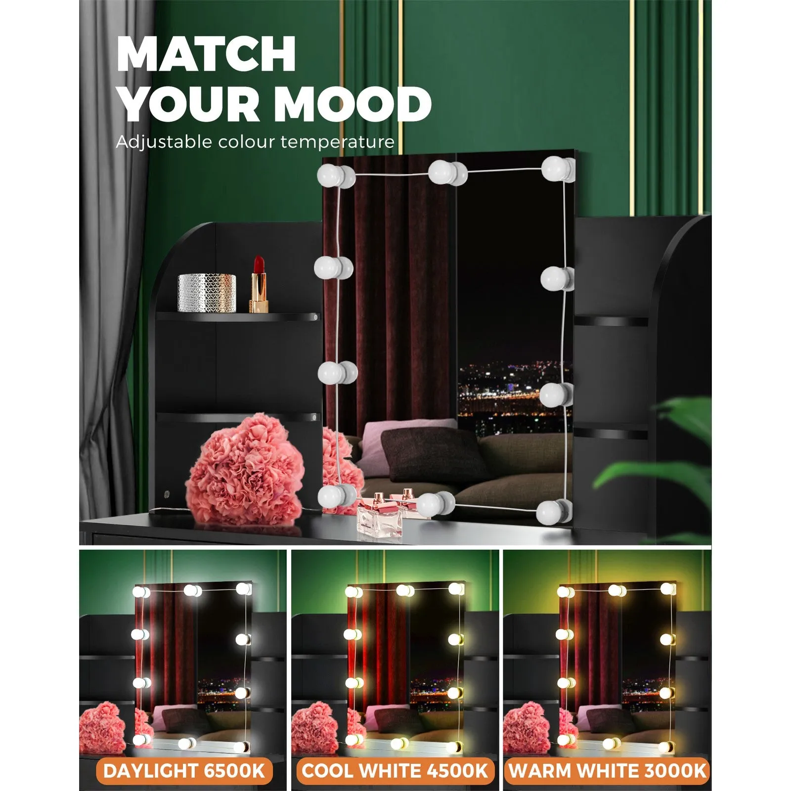 Oikiture Dressing Table Stool Set Makeup Mirror Storage Drawer 10LED Bulbs Black
