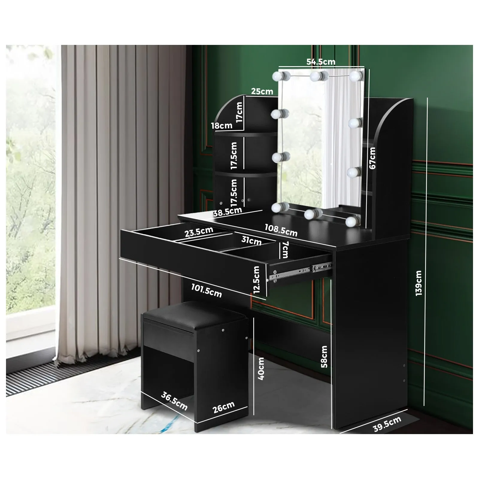 Oikiture Dressing Table Stool Set Makeup Mirror Storage Drawer 10LED Bulbs Black