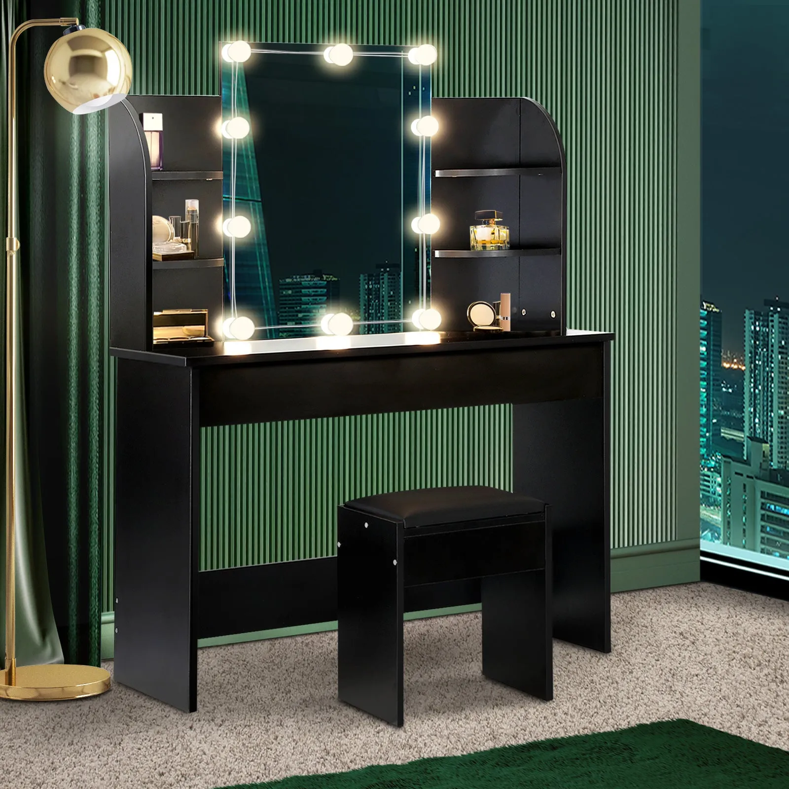 Oikiture Dressing Table Stool Set Makeup Mirror Storage Drawer 10LED Bulbs Black