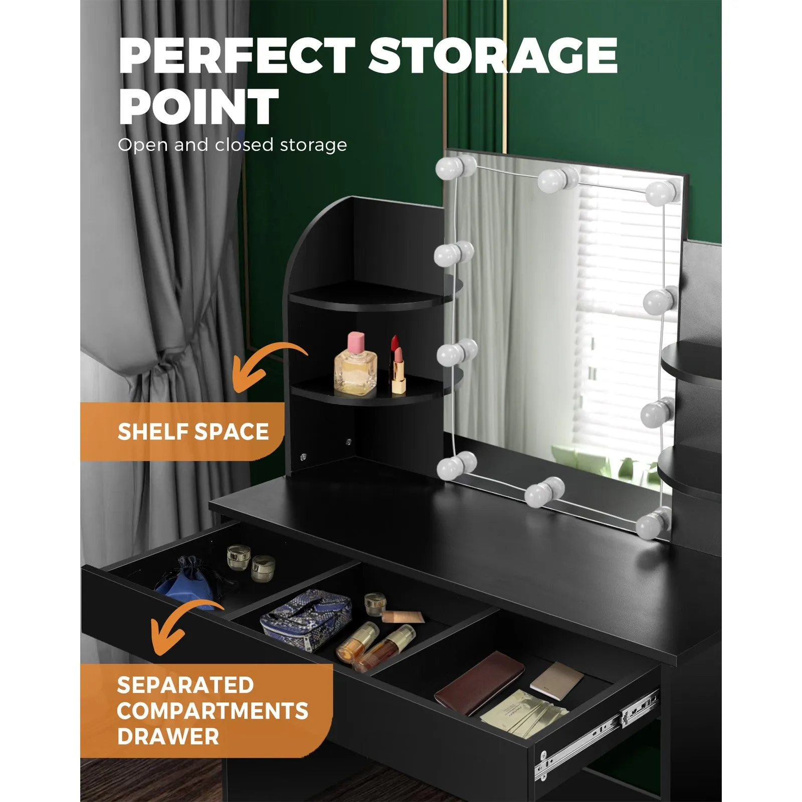 Oikiture Dressing Table Stool Set Makeup Mirror Storage Drawer 10LED Bulbs Black