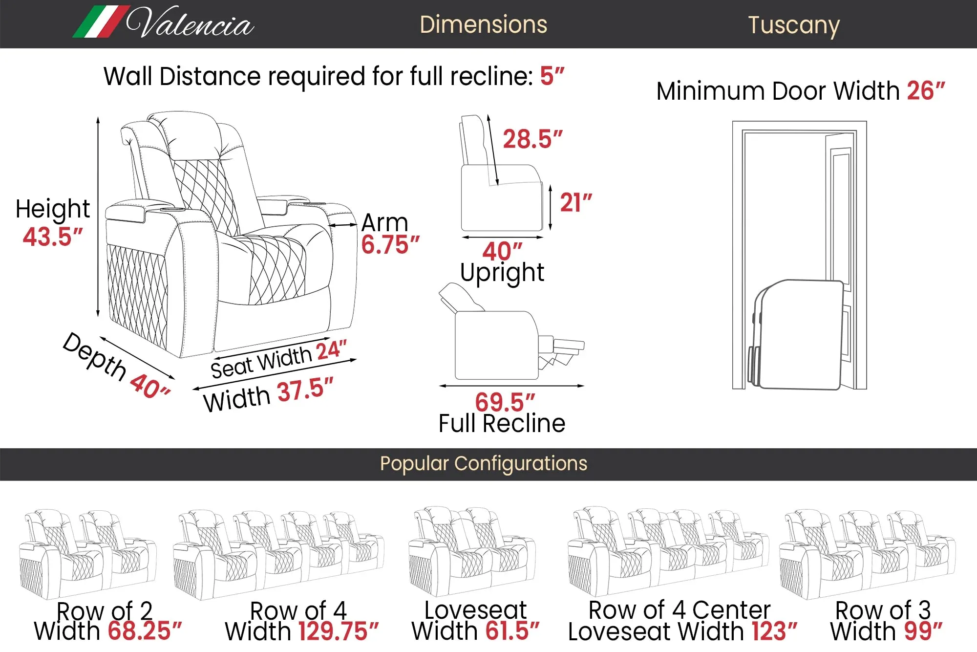 Valencia Tuscany Leather Home Theater Seating Row of 2 Loveseat, Dark Chocolate