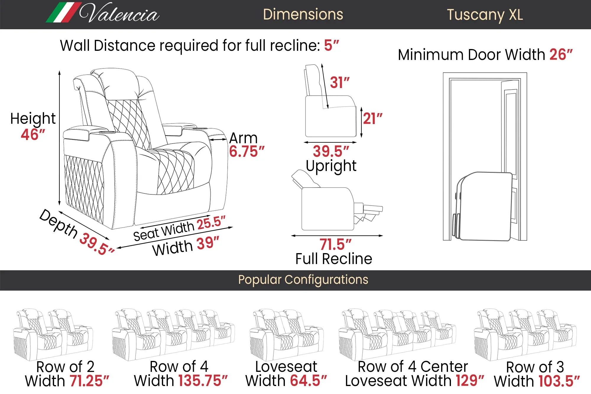 Valencia Tuscany XL Leather Home Theater Seating Row of 5 Set of 3 Center, Midnight Black